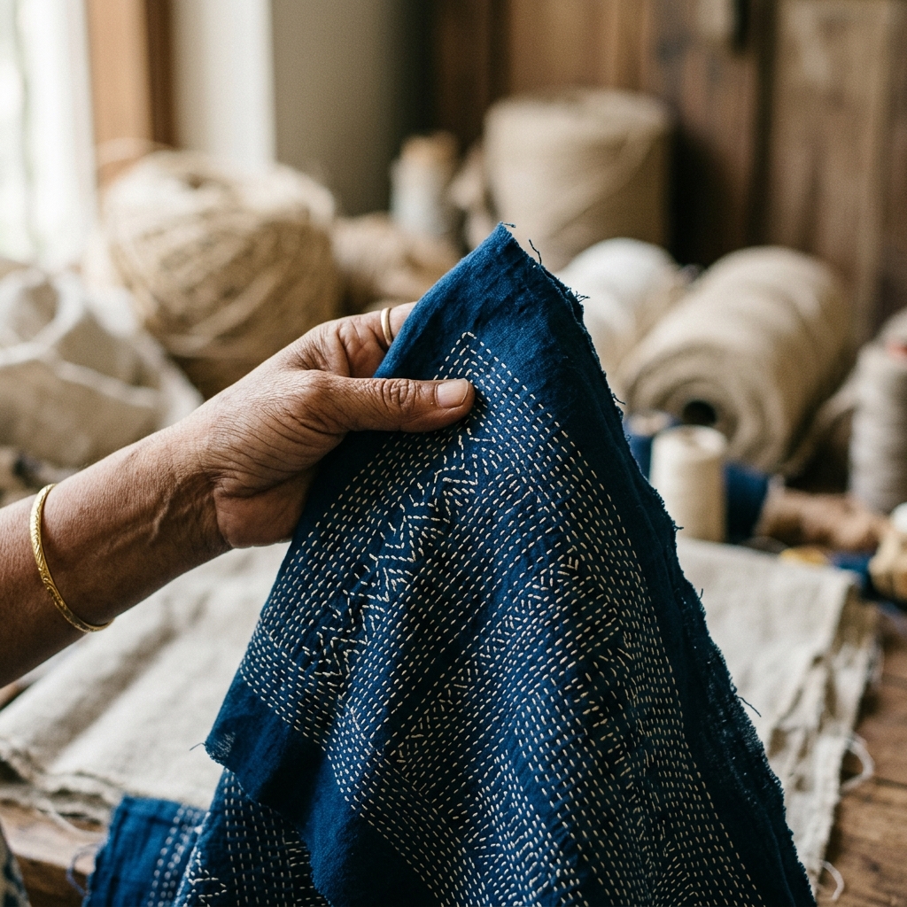 Artisan hand making detailed Kantha running stitches