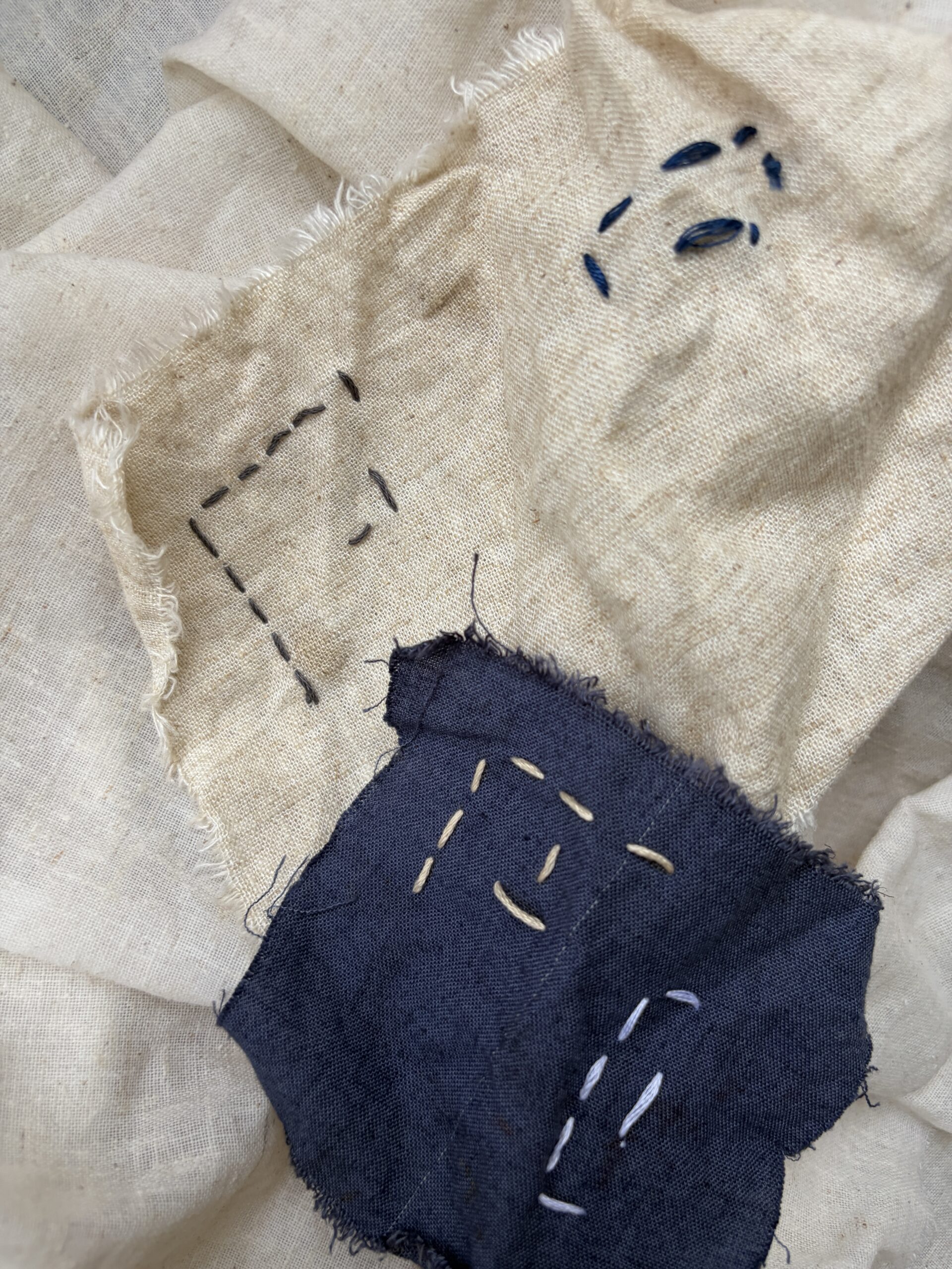 Close-up of kantha stitching on indigo fabric